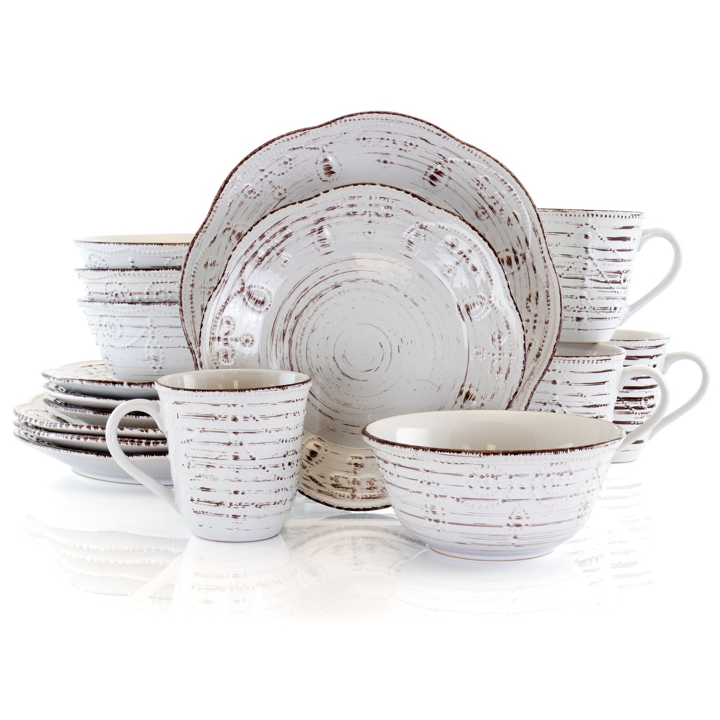 Elama Rustic Birch 16 Piece Stoneware Round Dinnerware Set in White LuxuryLifeWay Online Store
