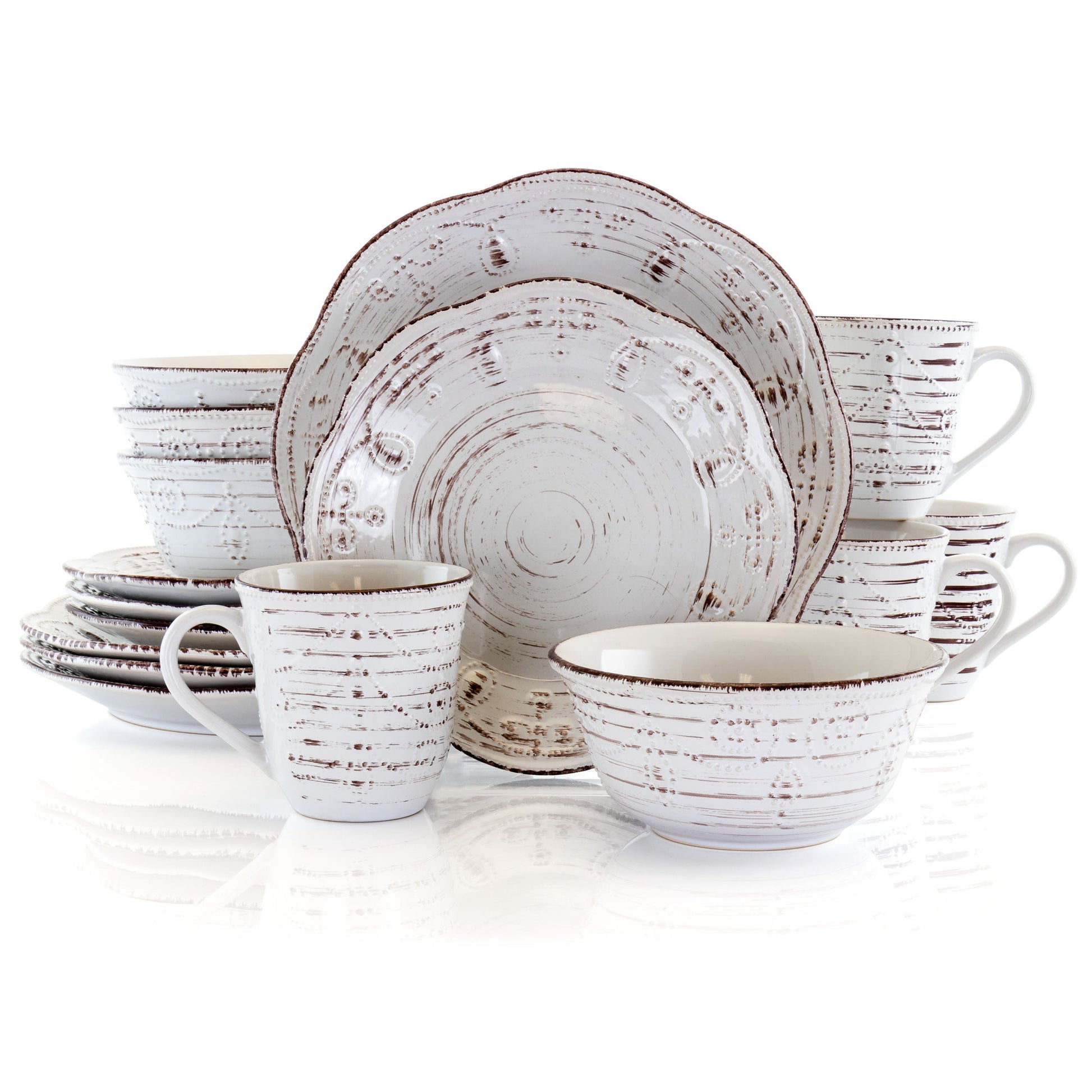 Elama Rustic Birch 16 Piece Stoneware Round Dinnerware Set in White LuxuryLifeWay Online Store