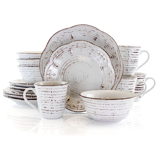 Elama Rustic Birch 16 Piece Stoneware Round Dinnerware Set in White LuxuryLifeWay Online Store