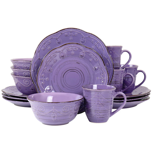 Elama Rustic Birch 16 Piece Stoneware Dinnerware Set in Purple LuxuryLifeWay Online Store