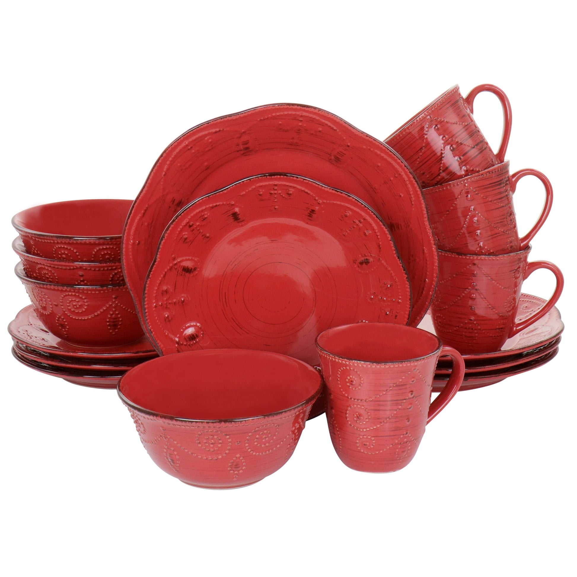 Elama Rustic Birch 16 Piece Stoneware Dinnerware Set in Red LuxuryLifeWay Online Store