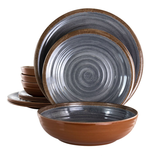 Elama Stone Oak 12 Piece Lightweight Melamine Dinnerware Set in Black LuxuryLifeWay Online Store