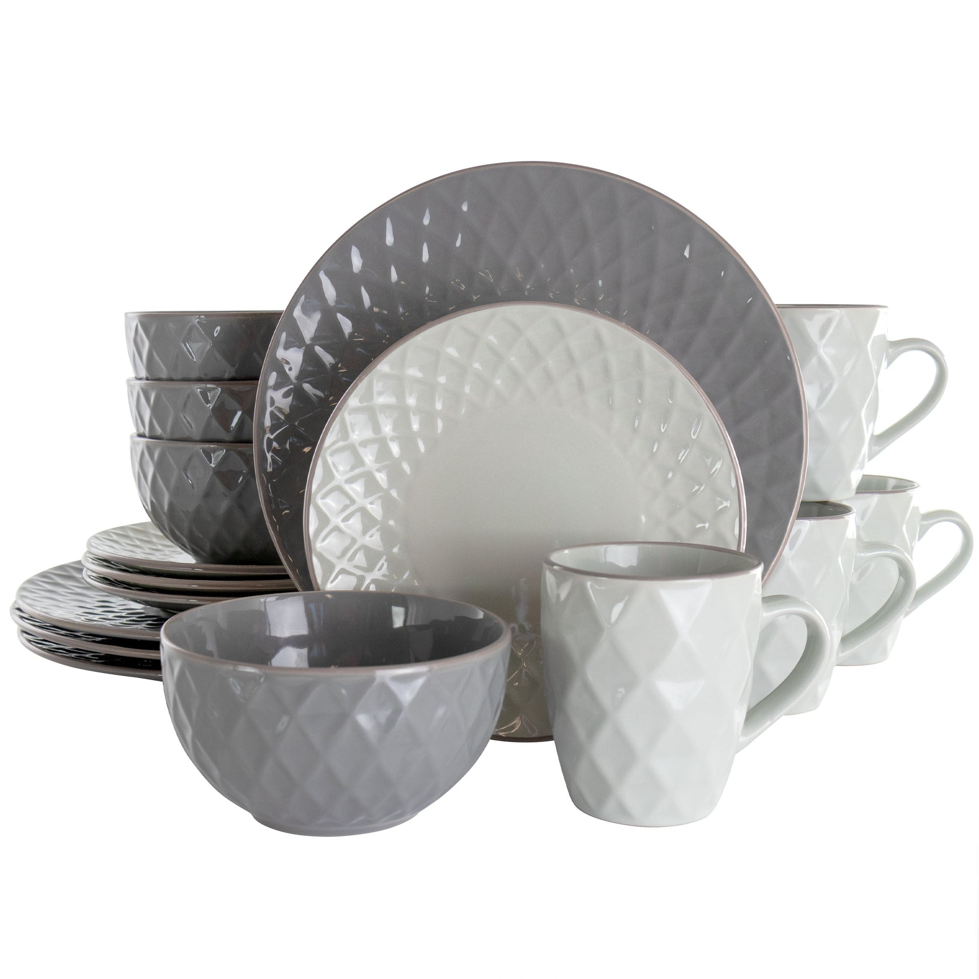 Elama Tahitian Diamond 16 Piece Stoneware Dinnerware Set in Slate and Pearl LuxuryLifeWay Online Store