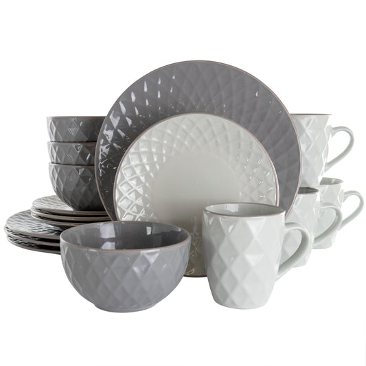 Elama Tahitian Diamond 16 Piece Stoneware Dinnerware Set in Slate and Pearl LuxuryLifeWay Online Store