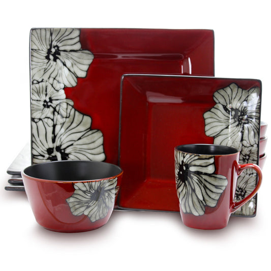 Elama Winter Bloom 16 Piece Square Stoneware Dinnerware Set LuxuryLifeWay Online Store