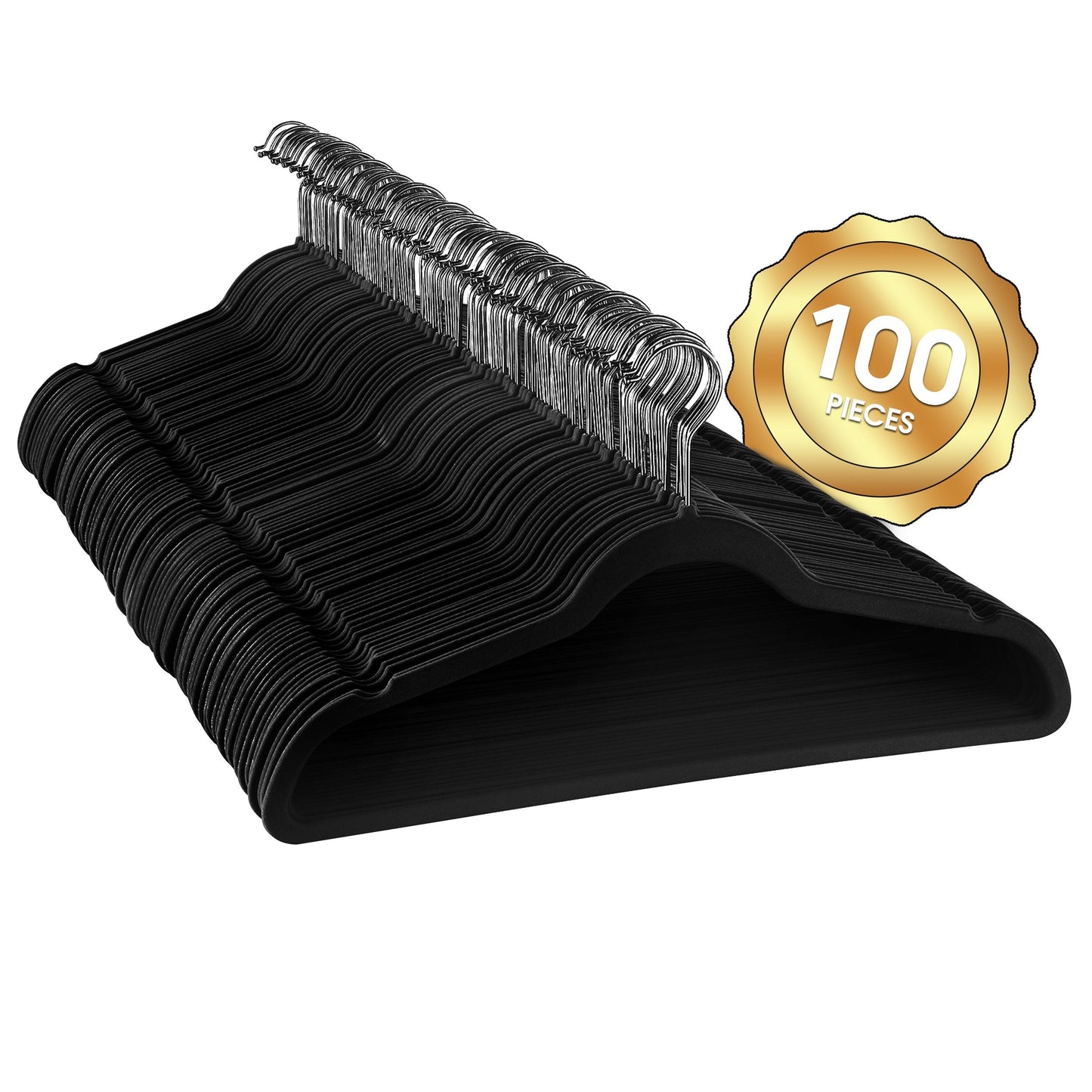 100 Piece Set of Velvet Slim Profile Heavy Duty Felt Hangers with Stainless Steel Swivel Hooks in Black LuxuryLifeWay Online Store