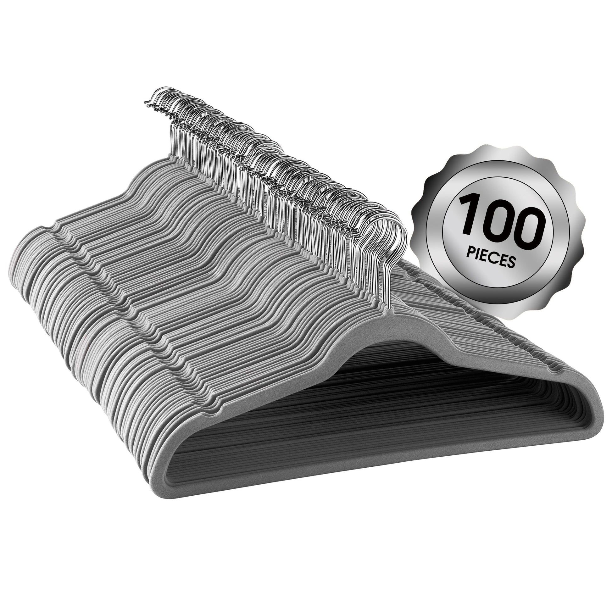 100 Piece Set of Velvet Slim Profile Heavy Duty Felt Hangers with Stainless Steel Swivel Hooks in Gray LuxuryLifeWay Online Store