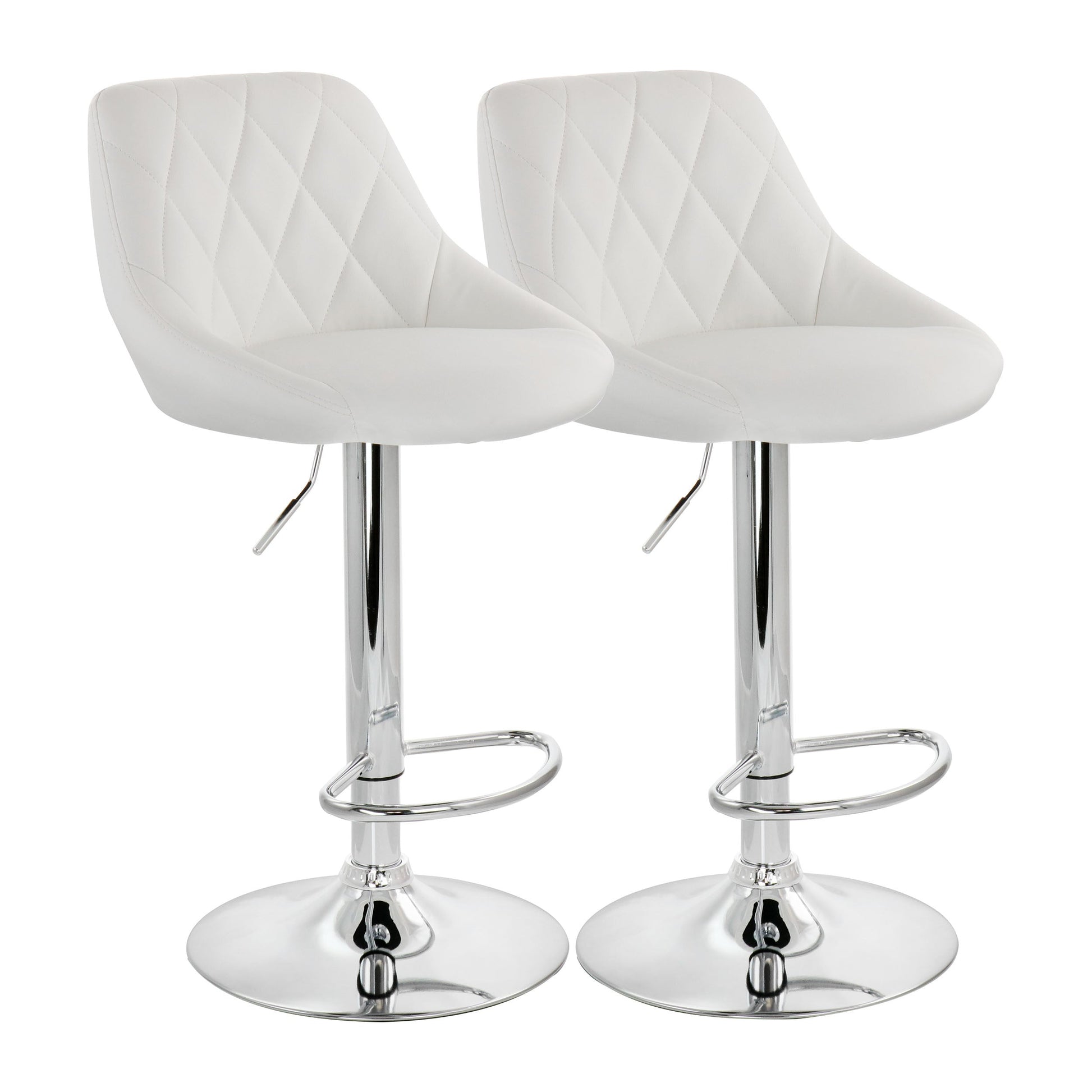 Elama 2 Piece Diamond Stitched Faux Leather Bar Stool in White with Chrome Base  and Adjustable Height LuxuryLifeWay Online Store