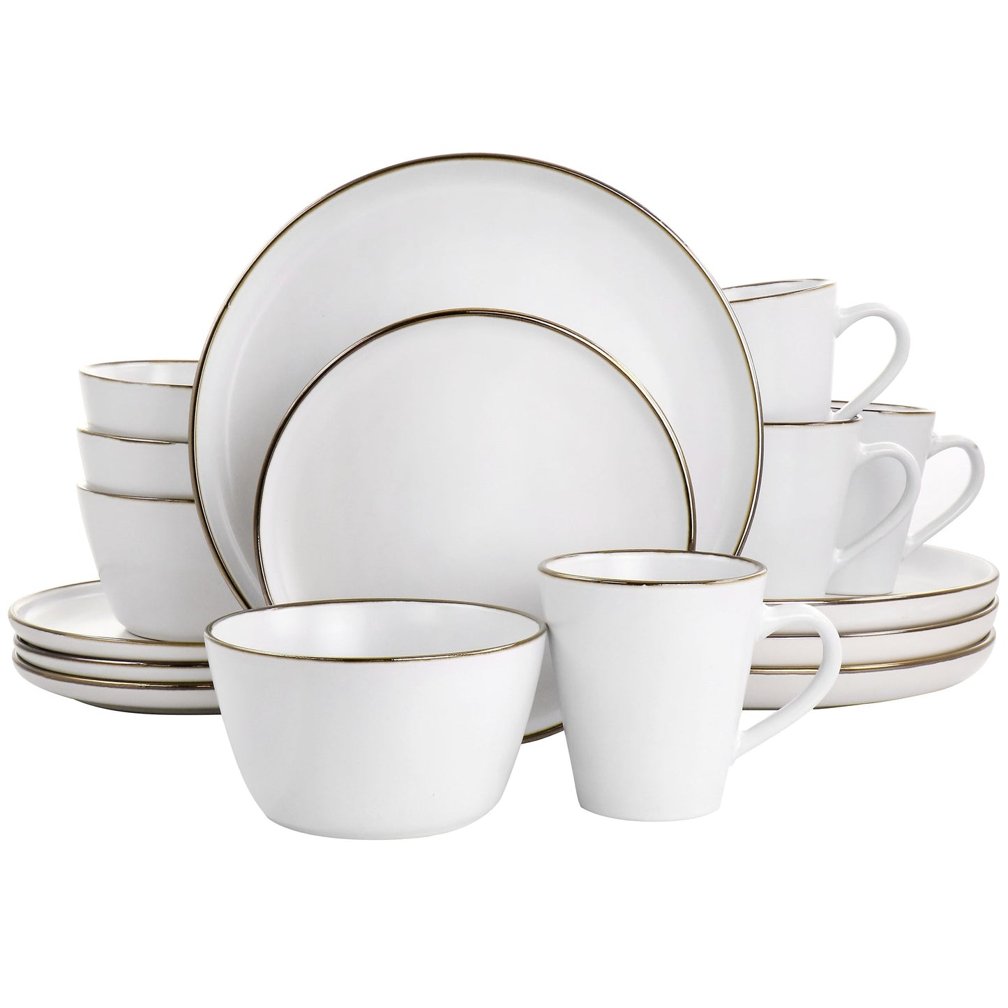 Elama Arthur 16 Piece Stoneware Dinnerware Set in Matte White with Gold Rim LuxuryLifeWay Online Store