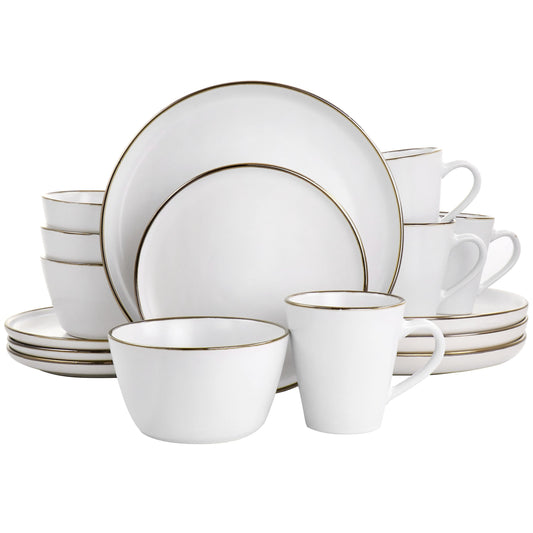 Elama Arthur 16 Piece Stoneware Dinnerware Set in Matte White with Gold Rim LuxuryLifeWay Online Store