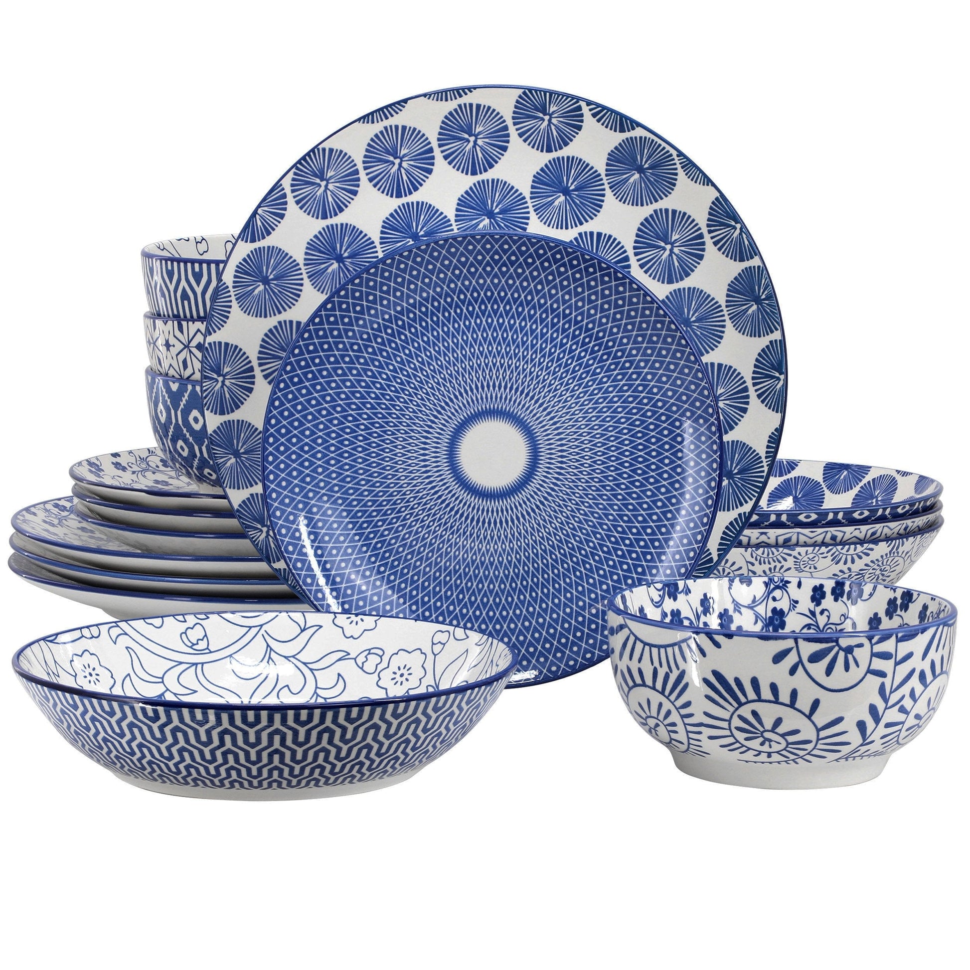 Elama Aurora 16 Piece Assorted Porcelain Double Bowl Dinnerware Set in Blue LuxuryLifeWay Online Store