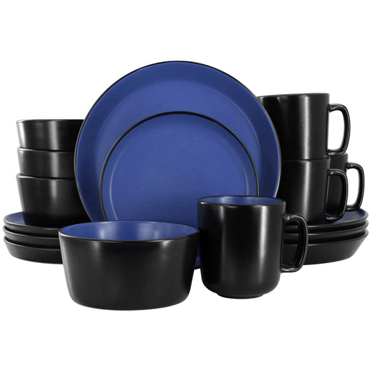 Elama Bacarra 16 Piece Stoneware Dinnerware Set in Two Tone Black and Blue LuxuryLifeWay Online Store