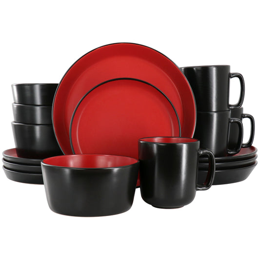 Elama Bacarra 16 Piece Stoneware Dinnerware Set in Two Tone Black and Red LuxuryLifeWay Online Store