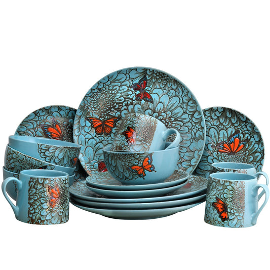 Elama Butterfly Garden 16 Piece Stoneware Dinnerware Set LuxuryLifeWay Online Store