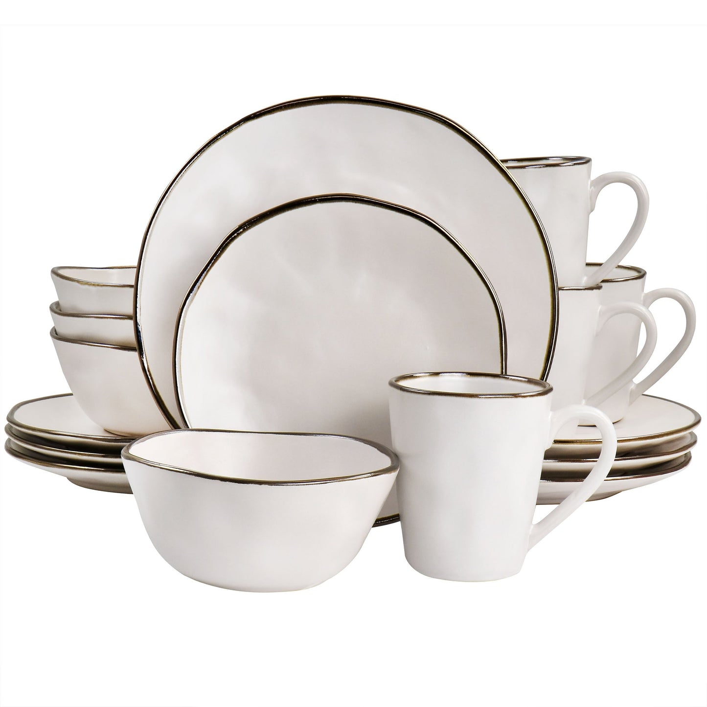 Elama Modern 16 Piece Stoneware Dinnerware Set in Matte White with Gold Rim LuxuryLifeWay Online Store