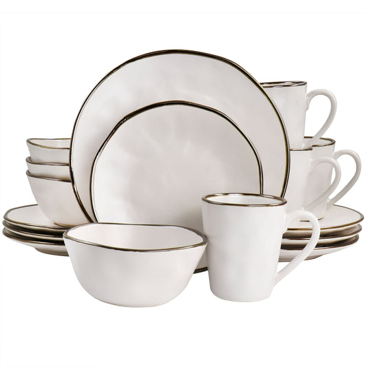 Elama Modern 16 Piece Stoneware Dinnerware Set in Matte White with Gold Rim LuxuryLifeWay Online Store