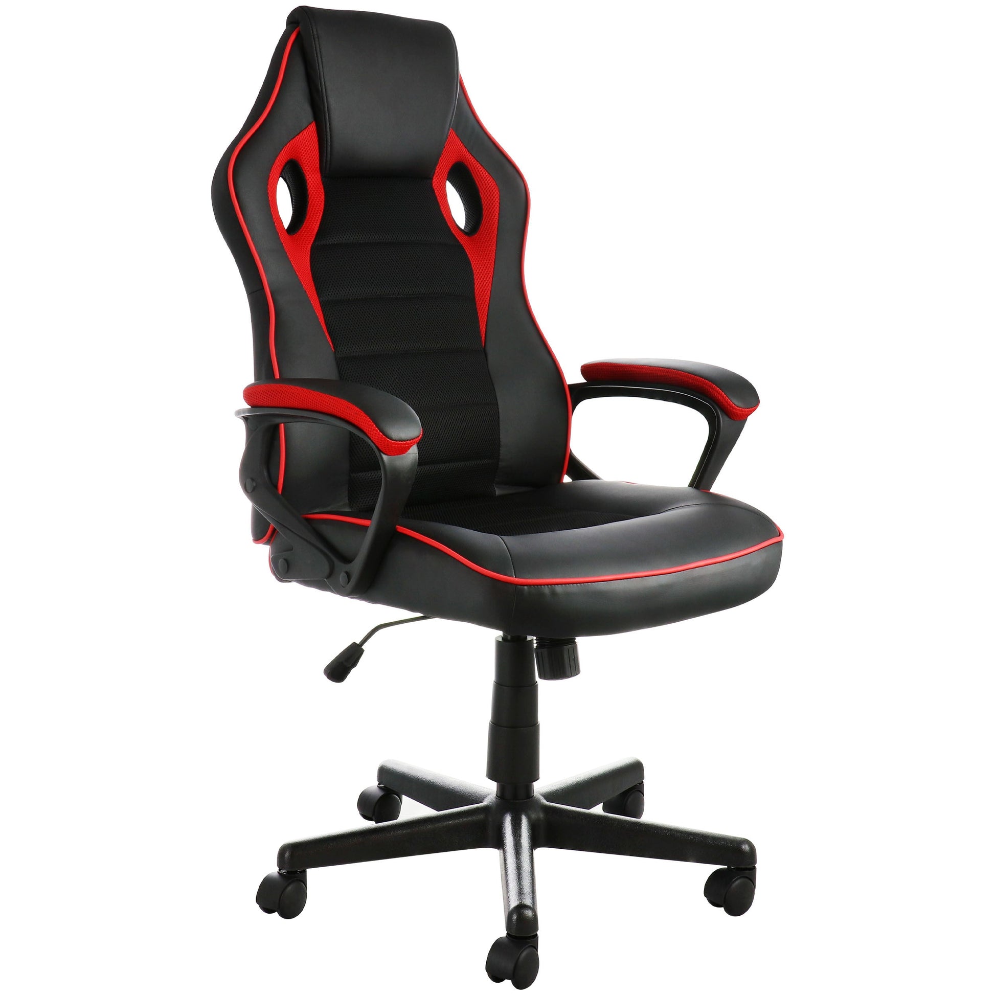 Elama High Back Adjustable Faux Leather Office Chair with Mesh and Fabric in Black and Red Trim LuxuryLifeWay Online Store