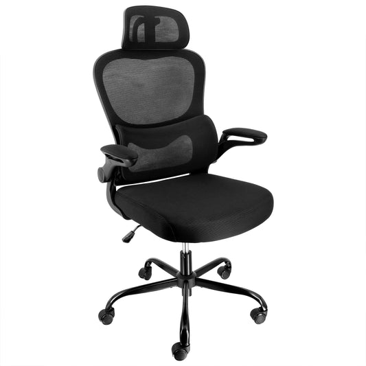 Elama High Back Adjustable Mesh and Fabric Office Chair in Black on Black with Metal Base and Adjustable Head Rest LuxuryLifeWay Online Store
