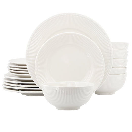 Elama Farrah 18 Piece Round Stoneware Dinnerware Set in White LuxuryLifeWay Online Store