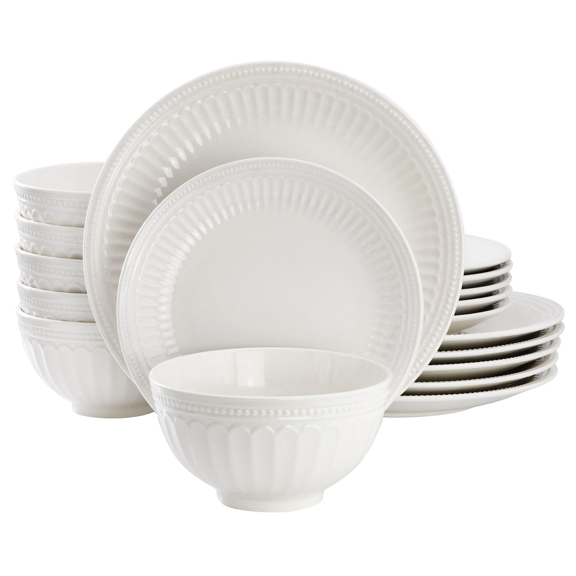 Elama Finley 18 Piece Embossed Arch Stoneware Dinnerware Set in White LuxuryLifeWay Online Store