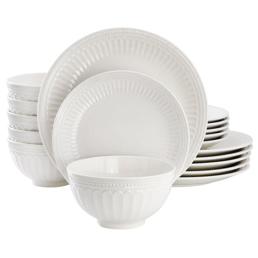 Elama Finley 18 Piece Embossed Arch Stoneware Dinnerware Set in White LuxuryLifeWay Online Store