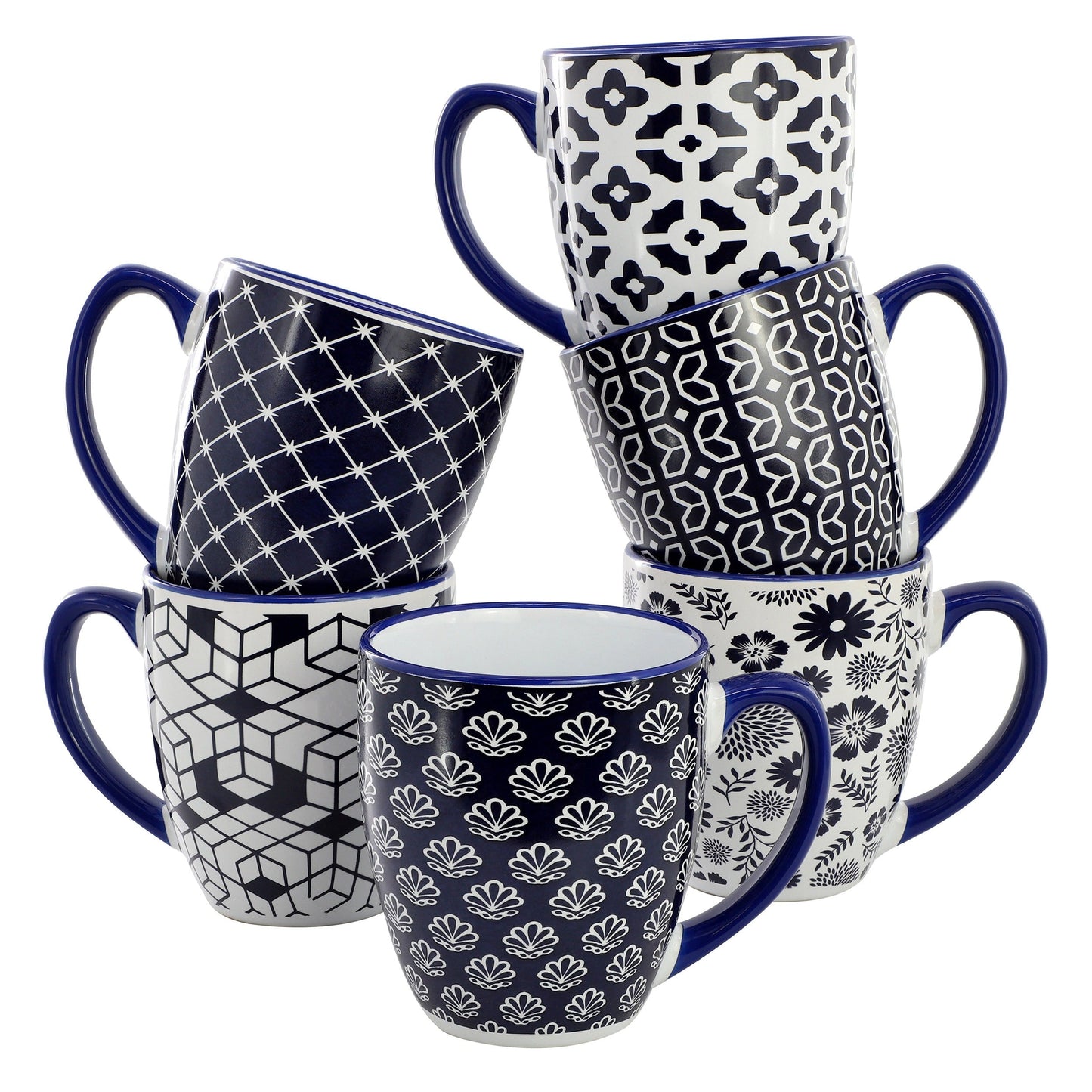 Elama Flyn 6 Piece 16 Ounce Assorted Design Stoneware Mug Set in Navy Blue and White LuxuryLifeWay Online Store