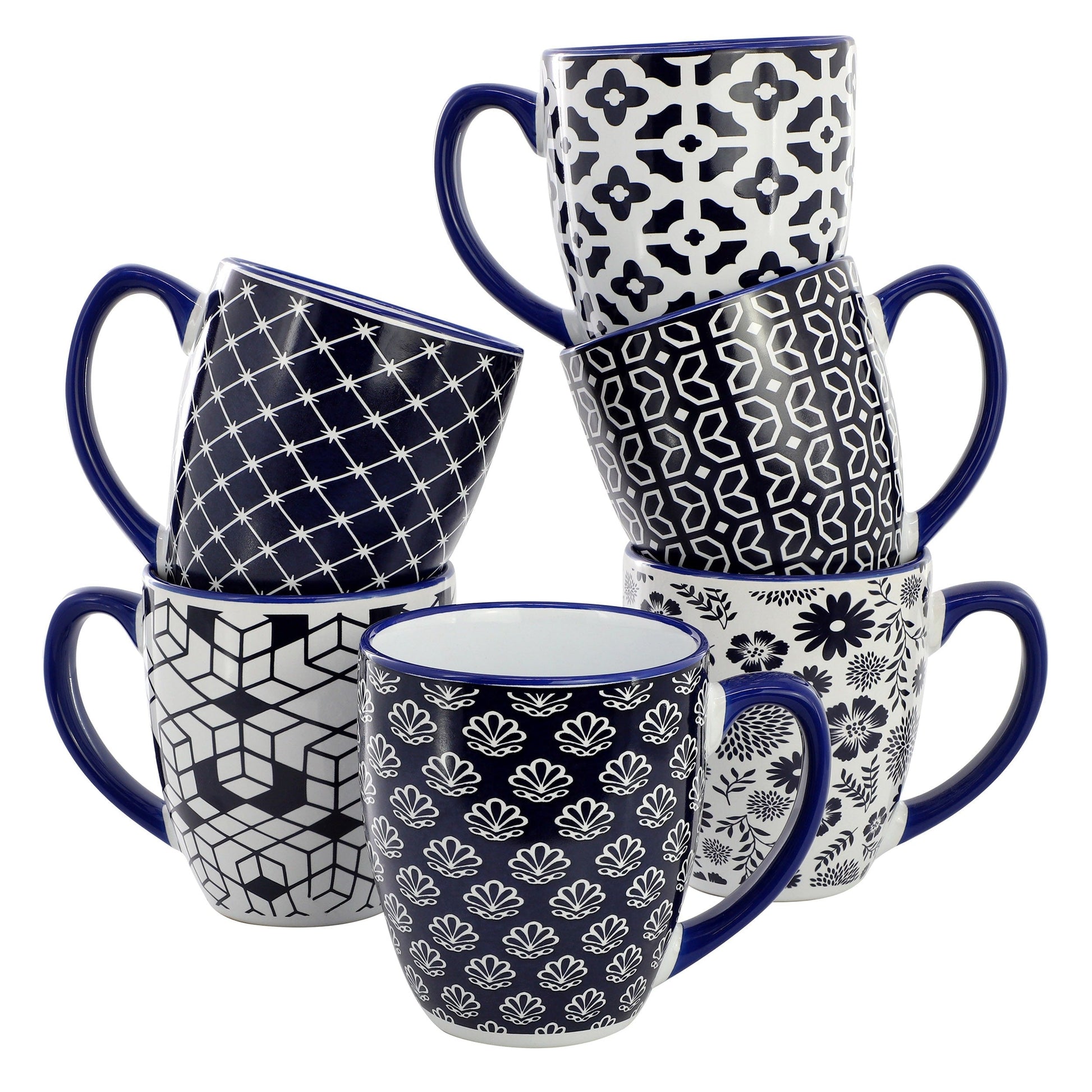 Elama Flyn 6 Piece 16 Ounce Assorted Design Stoneware Mug Set in Navy Blue and White LuxuryLifeWay Online Store
