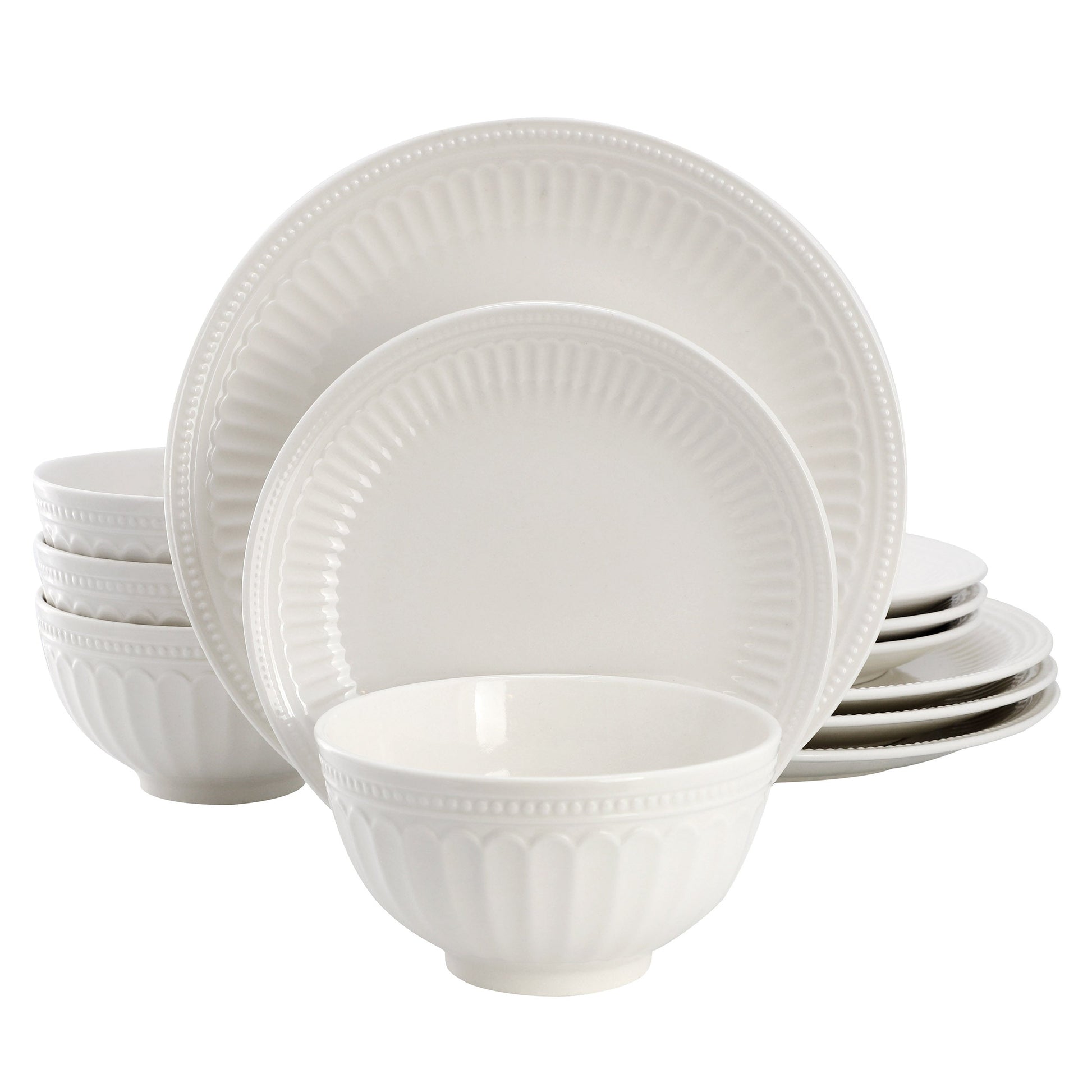 Elama Gabriella 12 Piece Embossed Arch Stoneware Dinnerware Set in White LuxuryLifeWay Online Store