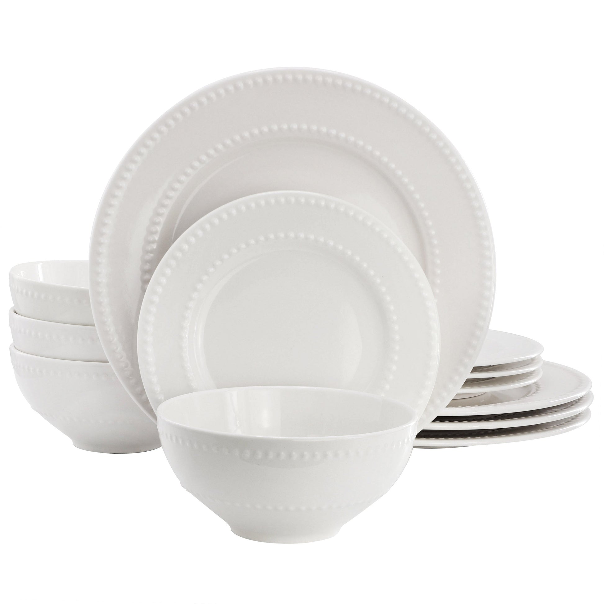 Elama Genevieve 12 Piece Embossed Dot Stoneware Dinnerware Set in White LuxuryLifeWay Online Store