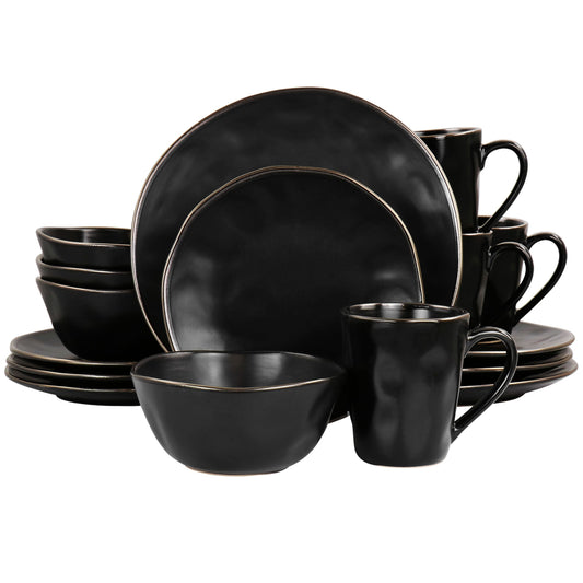 Elama Modern 16 Piece Stoneware Dinnerware Set in Matte Black with Gold Rim LuxuryLifeWay Online Store