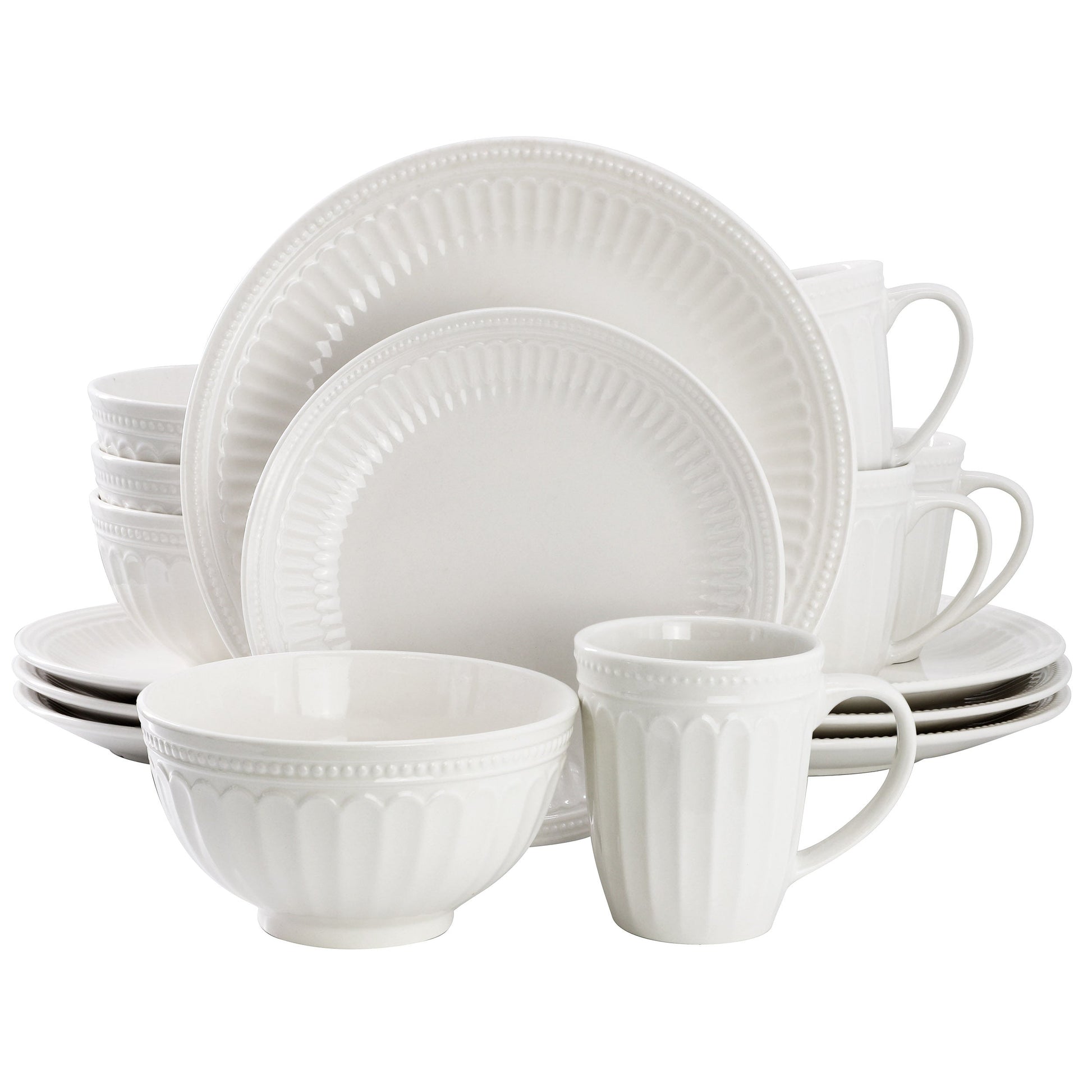 Elama Hansel 16 Piece Embossed Arch Stoneware Dinnerware Set in White LuxuryLifeWay Online Store