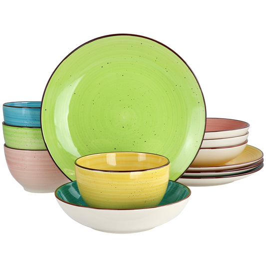 Elama Hudson 12 Piece Double Bowl Stoneware Dinnerware Set in Assorted Colors LuxuryLifeWay Online Store