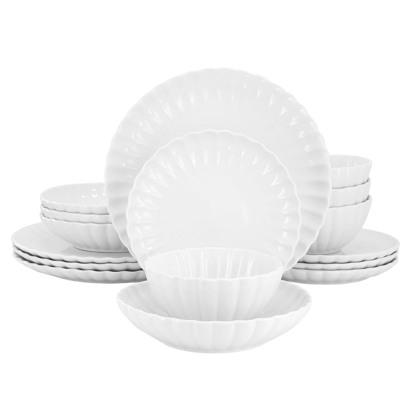 Elama Jane 16 Piece Scalloped Double Bowl Porcelain Dinnerware Set in White LuxuryLifeWay Online Store