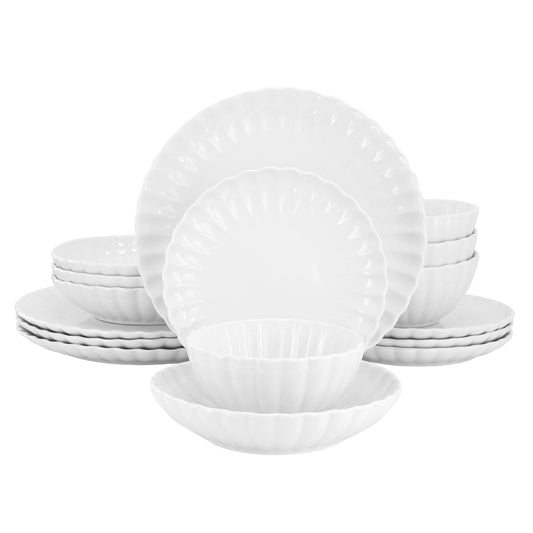 Elama Jane 16 Piece Scalloped Double Bowl Porcelain Dinnerware Set in White LuxuryLifeWay Online Store
