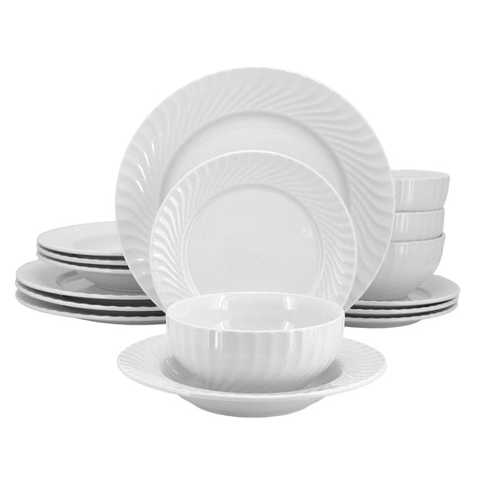 Elama Julia 16 Piece Scalloped Double Bowl Porcelain Dinnerware Set in White LuxuryLifeWay Online Store