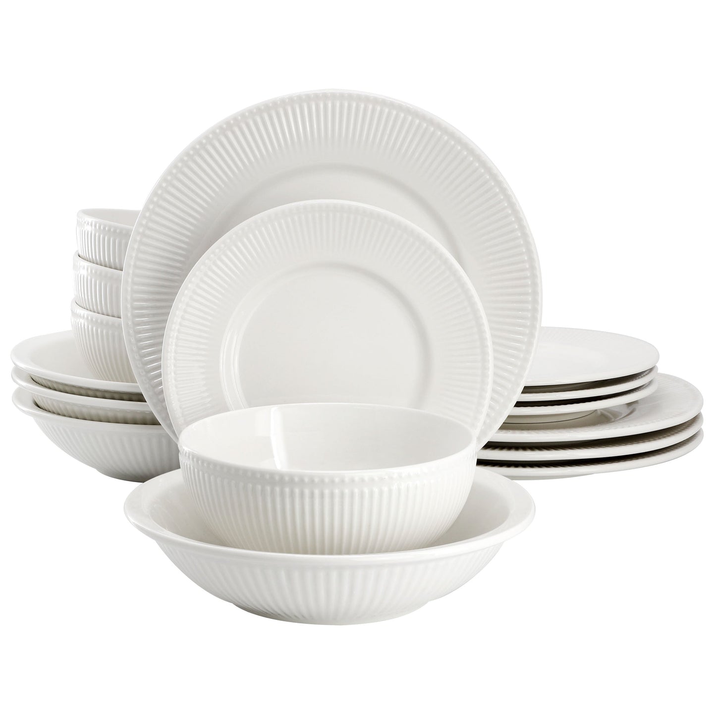 Elama Kate 16 Piece Textured Trim Double Bowl Porcelain Dinnerware Set in White LuxuryLifeWay Online Store