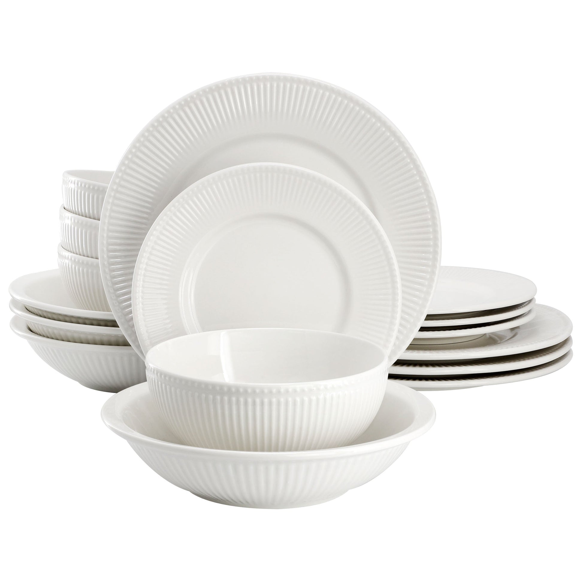 Elama Kate 16 Piece Textured Trim Double Bowl Porcelain Dinnerware Set in White LuxuryLifeWay Online Store
