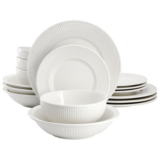 Elama Kate 16 Piece Textured Trim Double Bowl Porcelain Dinnerware Set in White LuxuryLifeWay Online Store