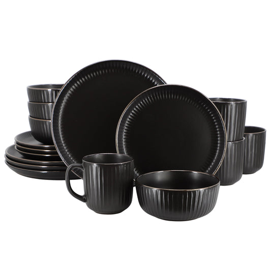 Elama Leo 16 Piece Stoneware Dinnerware Set In Black LuxuryLifeWay Online Store