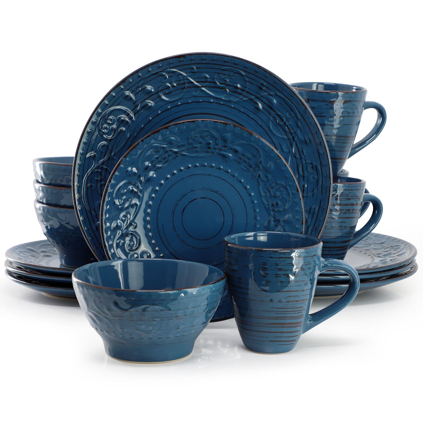 Elama Malibu Deep Ocean 16-Piece Stoneware Dinnerware Set in Dark Blue LuxuryLifeWay Online Store