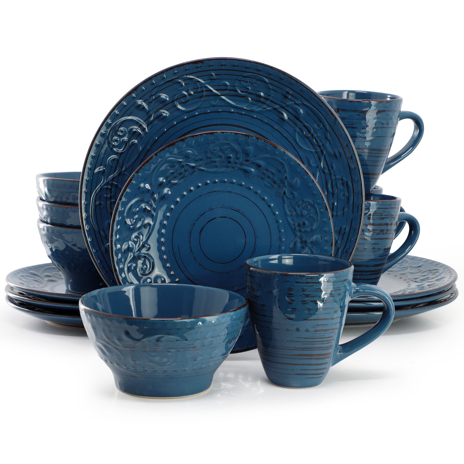 Elama Malibu Deep Ocean 16-Piece Stoneware Dinnerware Set in Dark Blue LuxuryLifeWay Online Store