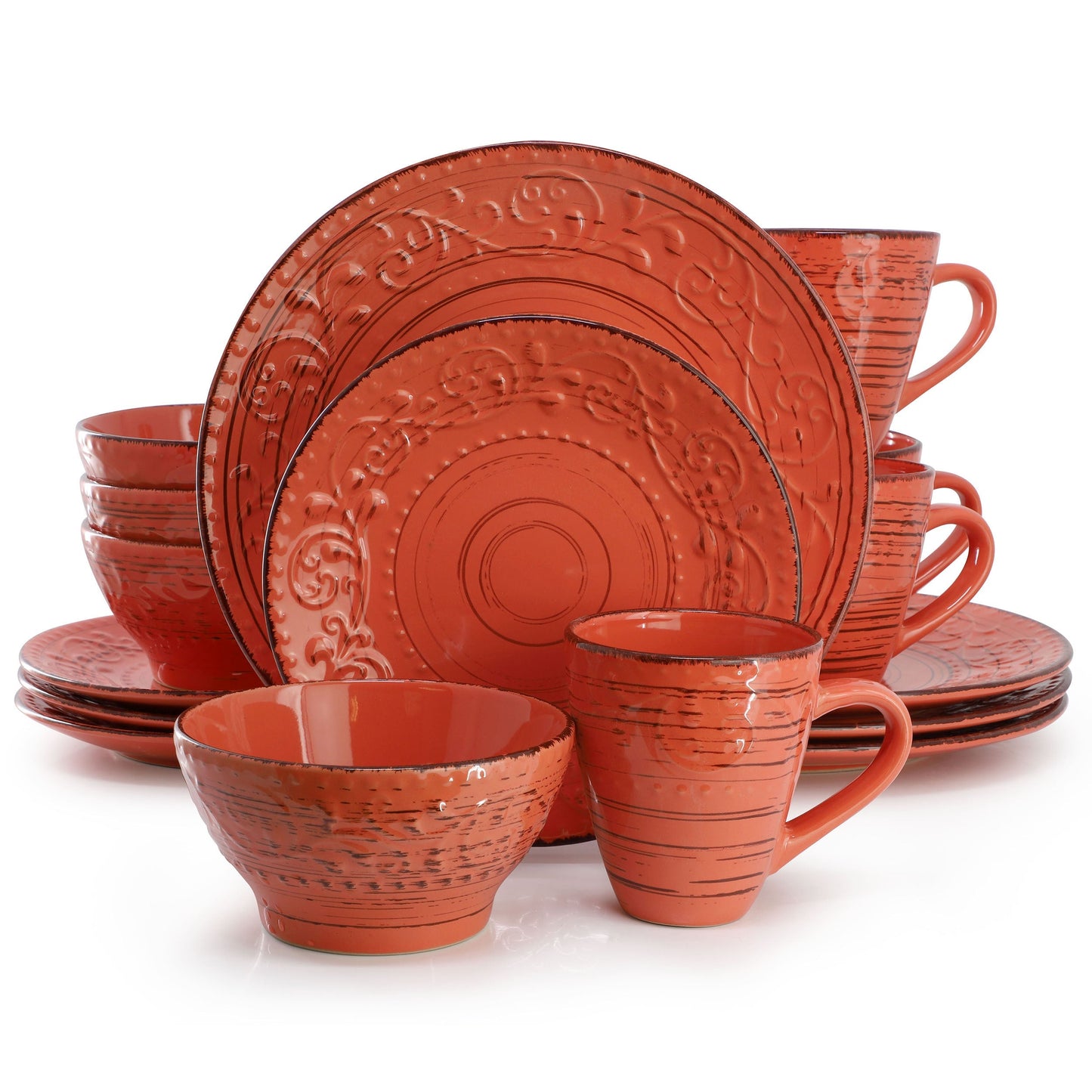Elama Malibu Jasper 16-Piece Stoneware Dinnerware Set in Orange LuxuryLifeWay Online Store