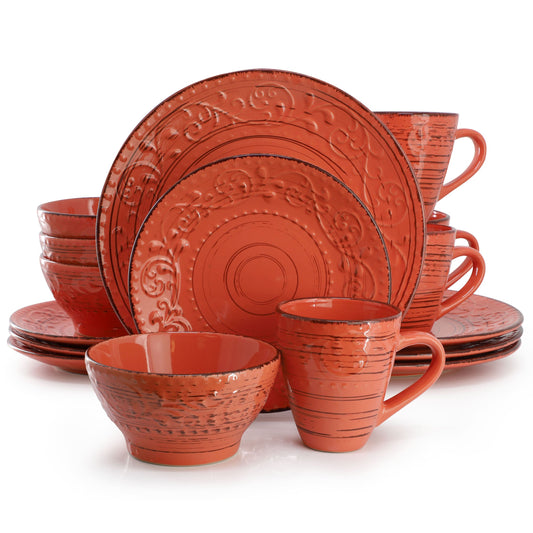 Elama Malibu Jasper 16-Piece Stoneware Dinnerware Set in Orange LuxuryLifeWay Online Store