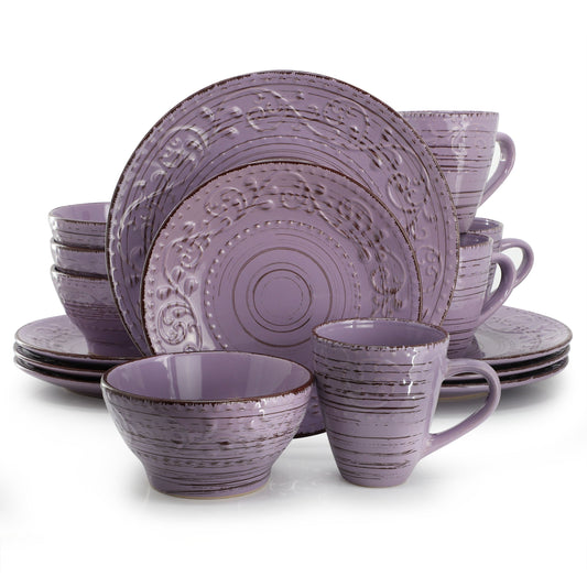 Elama Malibu Mica 16-Piece Stoneware Dinnerware Set in Purple LuxuryLifeWay Online Store