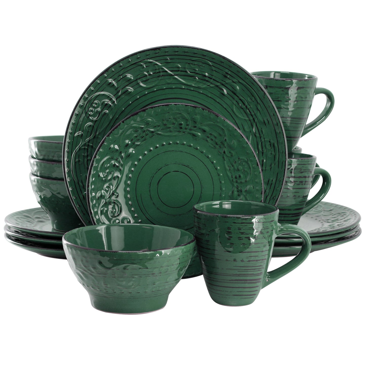 Elama Malibu Sea Glass 16-Piece Dinnerware Set in Dark Green LuxuryLifeWay Online Store