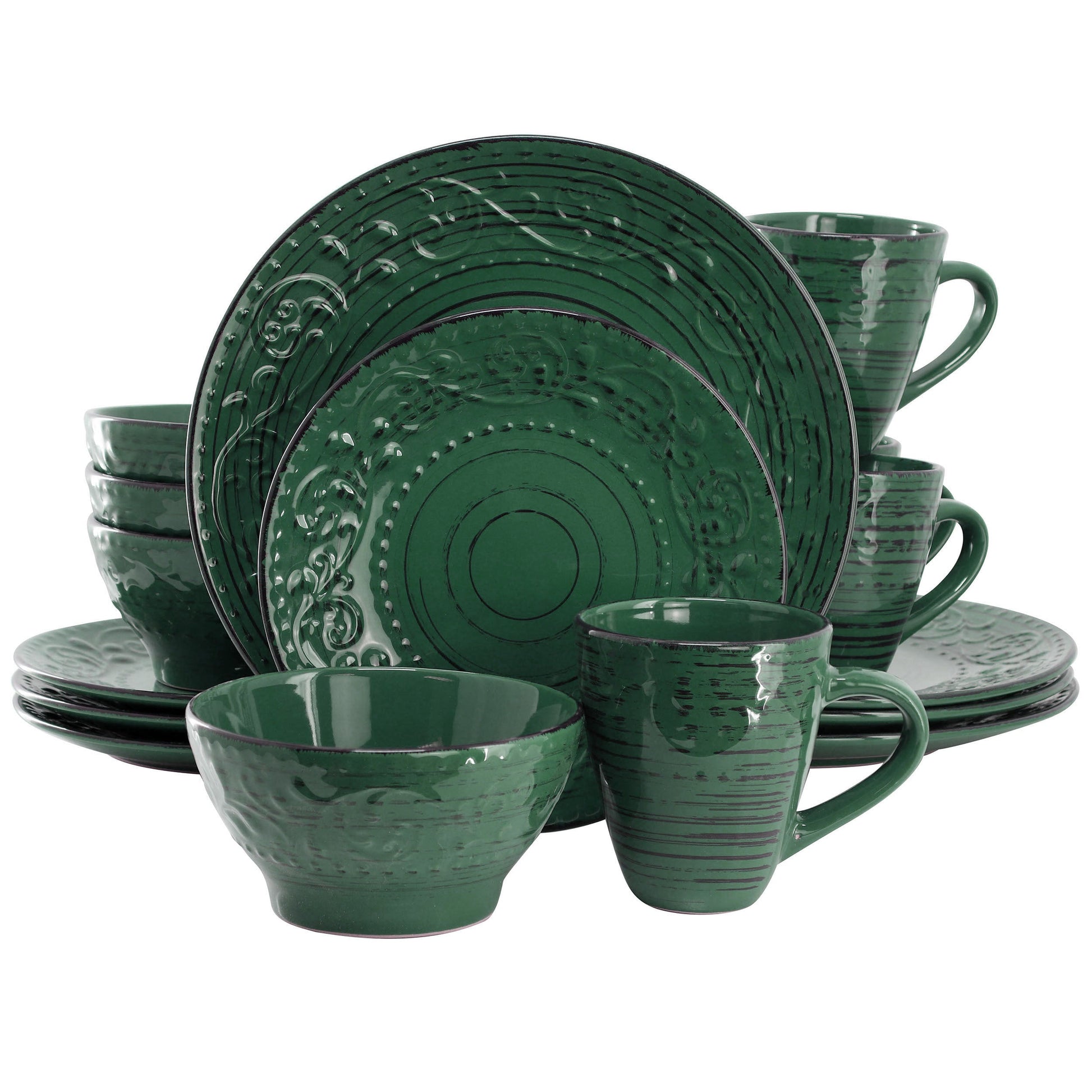 Elama Malibu Sea Glass 16-Piece Dinnerware Set in Dark Green LuxuryLifeWay Online Store