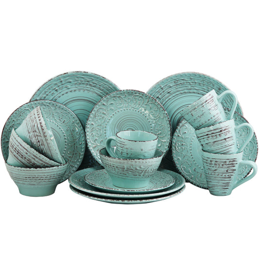Elama Malibu Waves 16-Piece Dinnerware Set in Turquoise LuxuryLifeWay Online Store