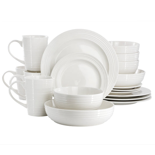 Elama Nikki 18 Piece Ribbed White Porcelain Dinnerware and Serving Bowl Set LuxuryLifeWay Online Store