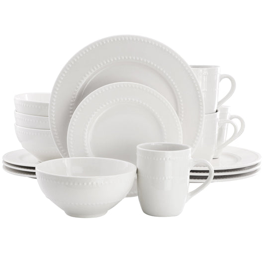 Elama Olevia 16 Piece Embossed Dot Stoneware Dinnerware Set in White LuxuryLifeWay Online Store