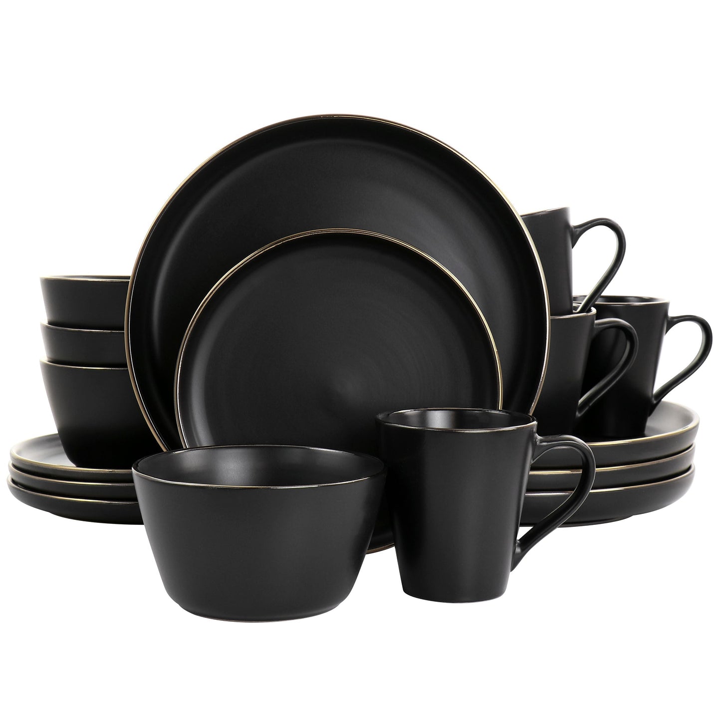 Elama Paul 16 Piece Stoneware Dinnerware Set in Matte Black with Gold Rim LuxuryLifeWay Online Store